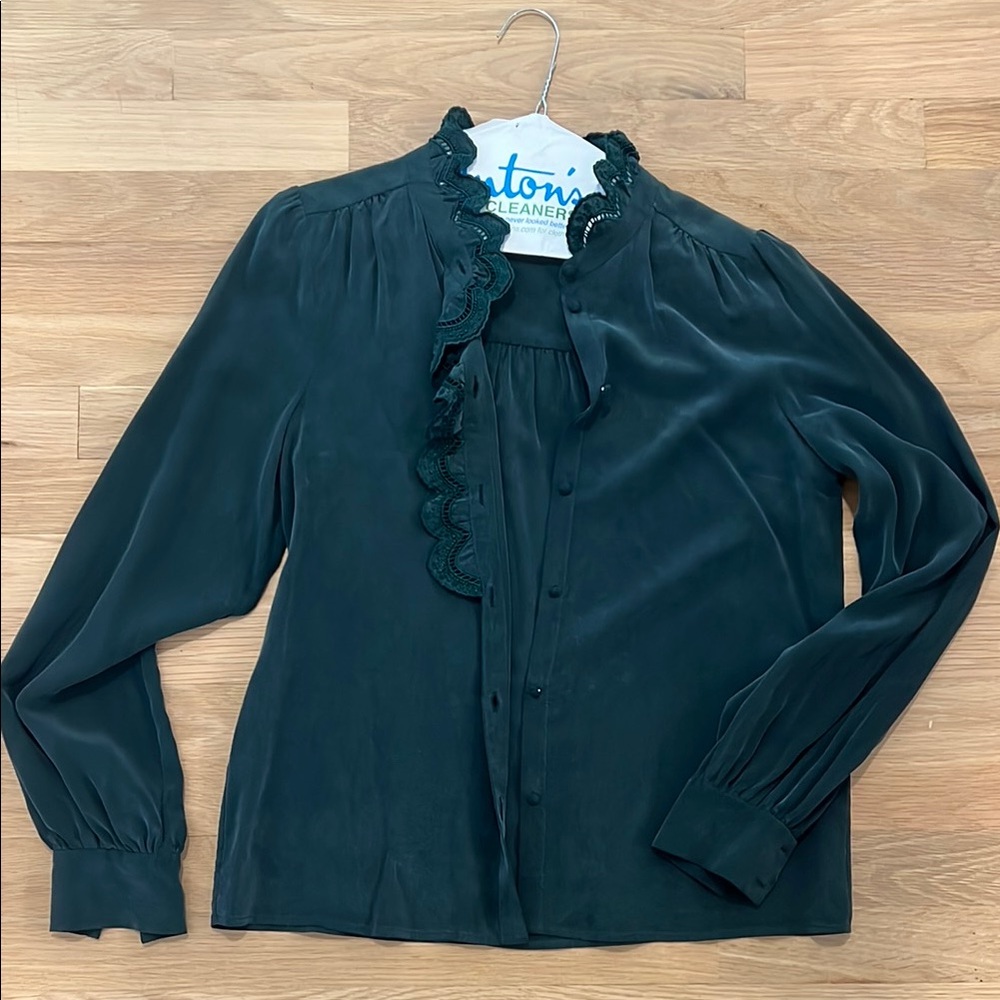 Sezane Dark Green Blouse with Ruffled Neckline